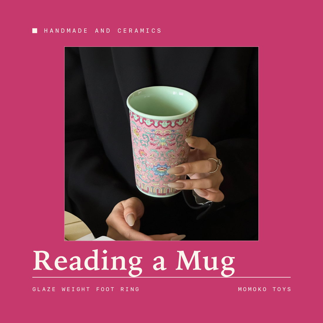 Hand holding a patterned porcelain mug with celadon interior