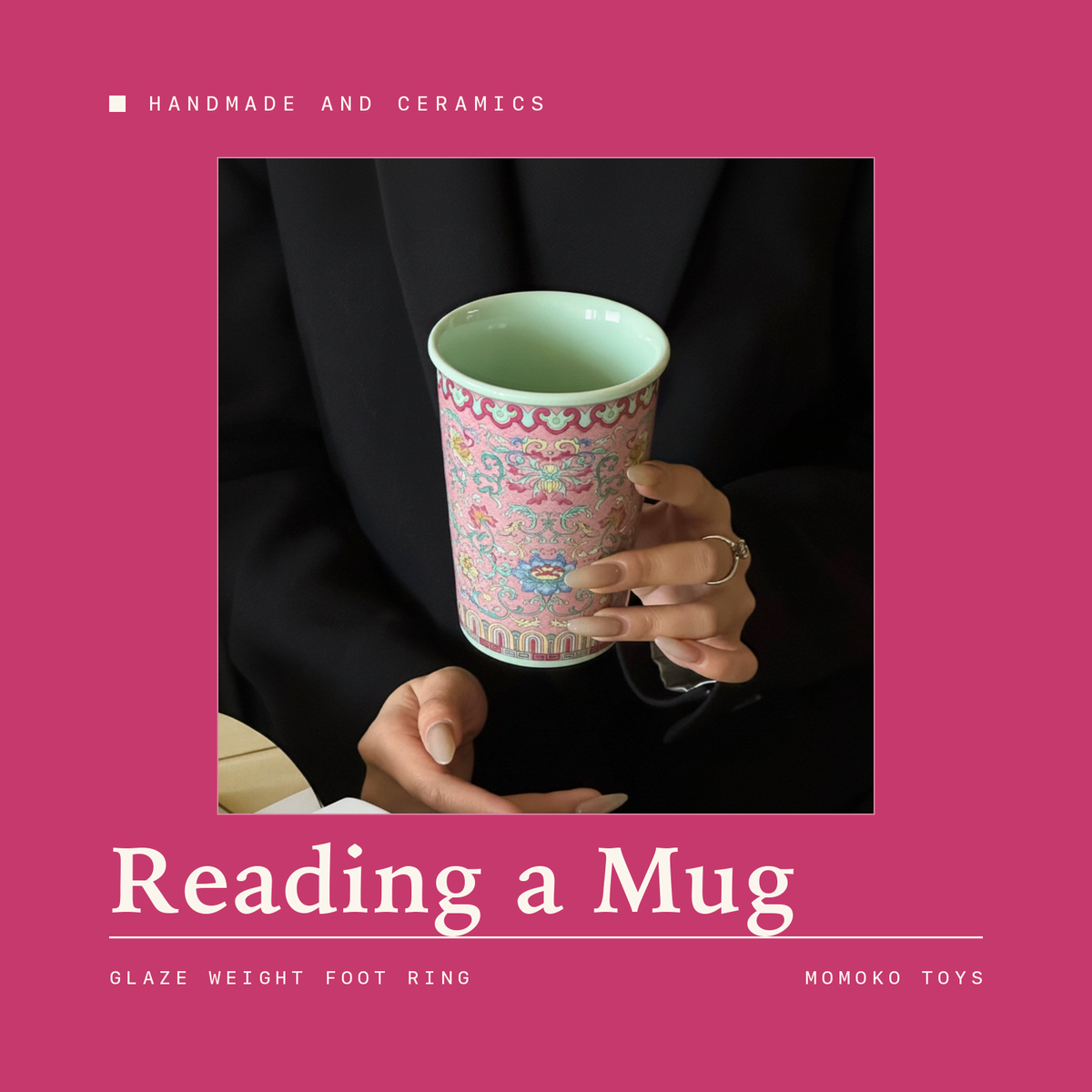 Hand holding a patterned porcelain mug with celadon interior