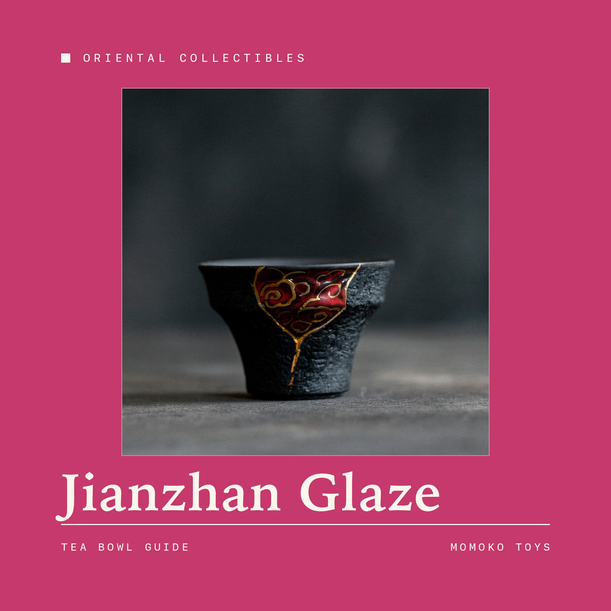 Dark iron-glazed Chinese tea tasting cup with gold repair detail - Jianzhan glaze guide