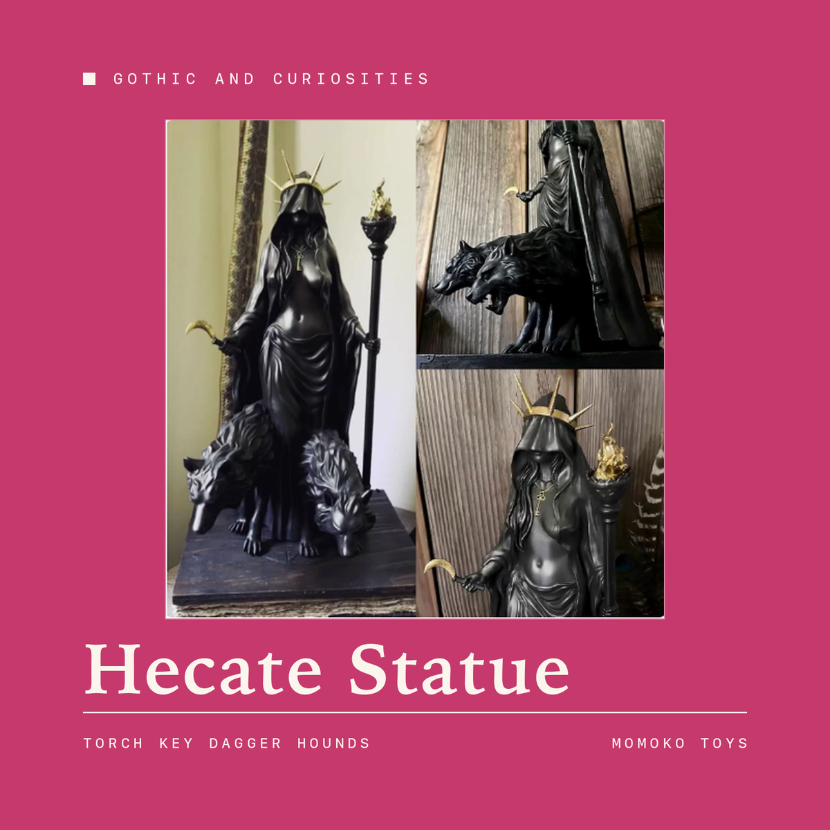 Black resin Hecate statue with torch, crescent crown and hound