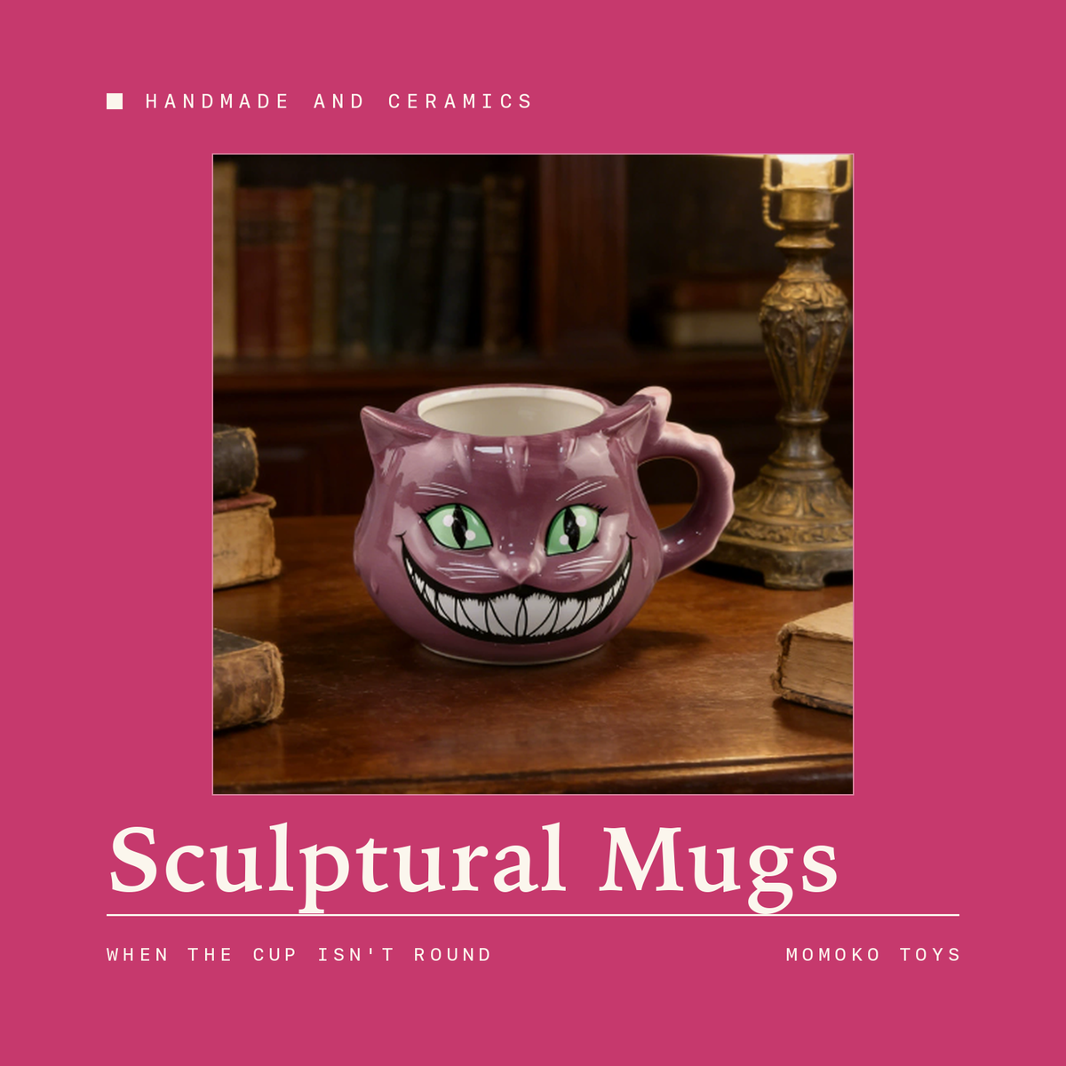 Purple grinning cat ceramic mug with 3D relief face