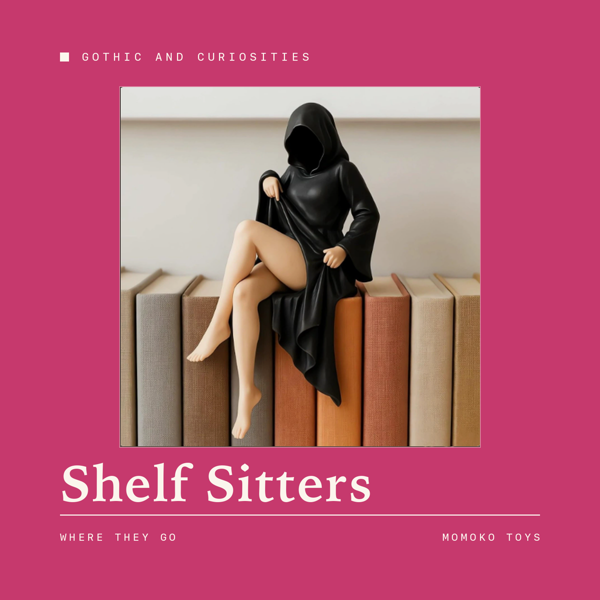 Hooded figure shelf sitter perched on a row of books
