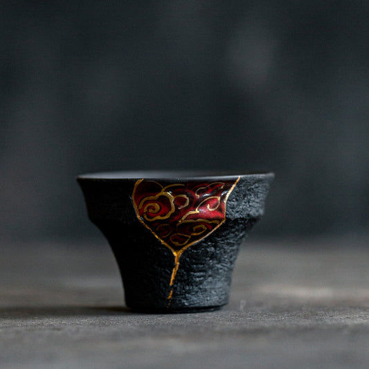 Black Lacquered Gold-Detail Porcelain Tea Tasting Cup