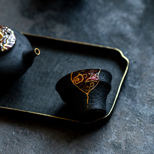 Black Lacquered Gold-Detail Porcelain Tea Tasting Cup