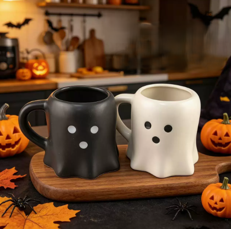 Halloween Ghost Ceramic Mug – Black & White Spooky Cup