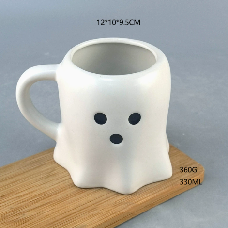 Halloween Ghost Ceramic Mug – Black & White Spooky Cup – view 3