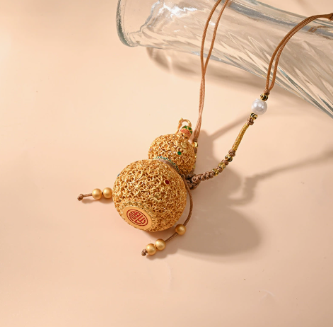 Chinese Filigree Gourd Pendant – Enamel Fu Lu Blessing Charm – view 3