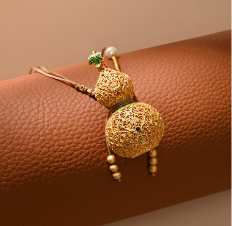 Chinese Filigree Gourd Pendant – Enamel Fu Lu Blessing Charm