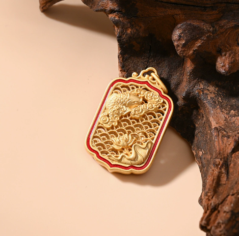 Gold Enamel Koi & Lotus Pendant Necklace – Chinese Blessing Charm