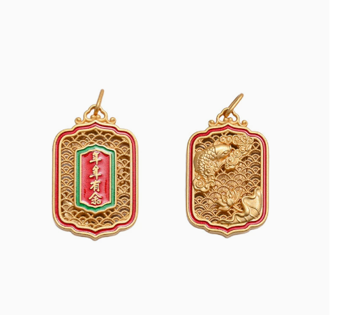 Gold Enamel Koi & Lotus Pendant Necklace – Chinese Blessing Charm – view 4