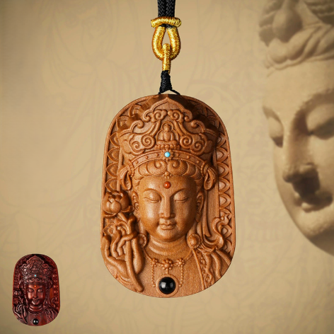 Rosewood Guanyin Pendant Necklace – Lotus Bodhisattva Charm – view 3