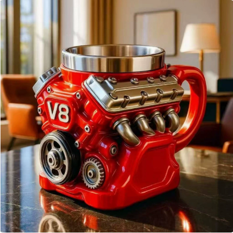 V6 V8 Engine Mug – Resin & Stainless Steel Car Lover Cup – view 2