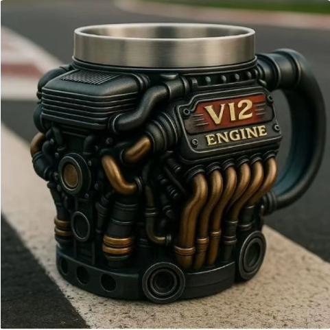 V6 V8 Engine Mug – Resin & Stainless Steel Car Lover Cup – view 3