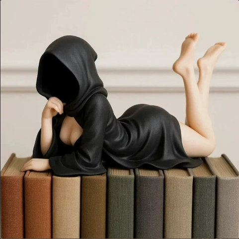 Hooded Figure Shelf Sitter – Gothic Resin Bookshelf Statue – view 2