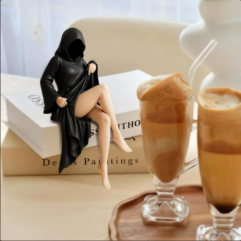 Hooded Figure Shelf Sitter – Gothic Resin Bookshelf Statue – view 3