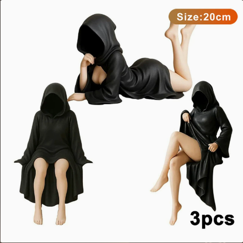 Hooded Figure Shelf Sitter – Gothic Resin Bookshelf Statue – view 5