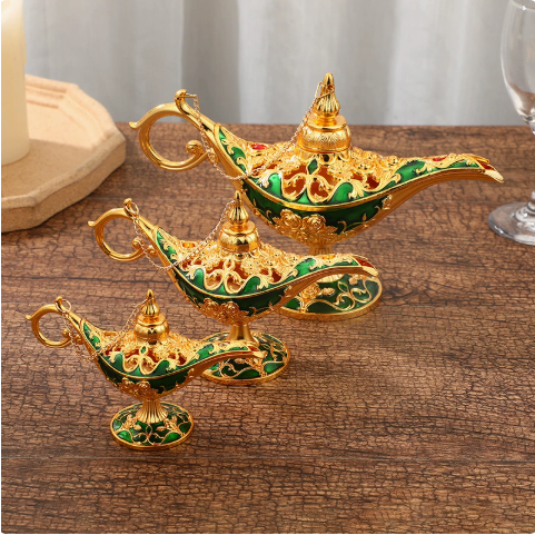 Genie Lamp Ornament – Ornate Gold Metal Aladdin Oil Lamp Decor