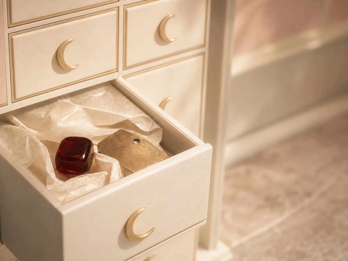 An ivory archive drawer holding a collectible object